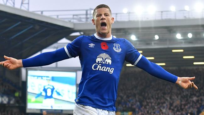 Referee Everton's Ross Barkley celebrates scoring his side's second goal.