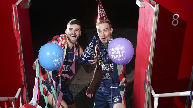 36ers players Jack McVeigh and Anthony Drmic promote the release of Adelaide’s 2019/2020 NBL fixture with a New Year's Eve match at their new home — The Adelaide Entertainment Centre. Picture: Sarah Reed