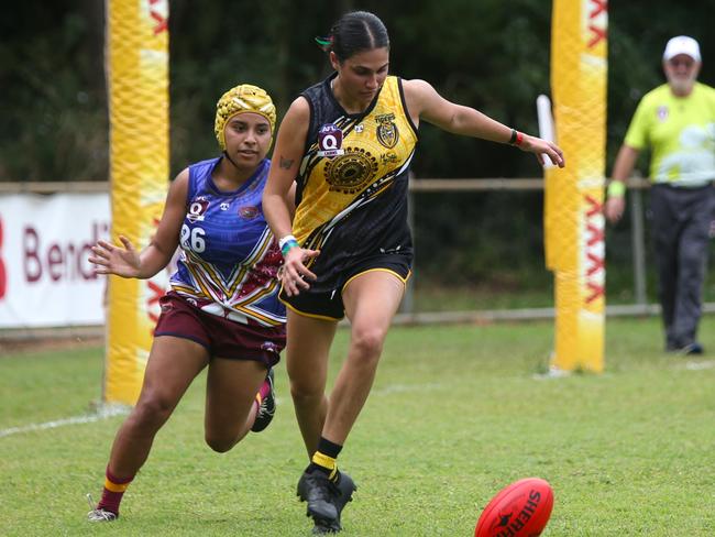 Pictured (l-r): Denisha Chilman and Mya Cozzuol. Cairns City Lions v North Cairns Tigers at Holloways Beach. AFLW Cairns 2024. Photo: Gyan-Reece Rocha