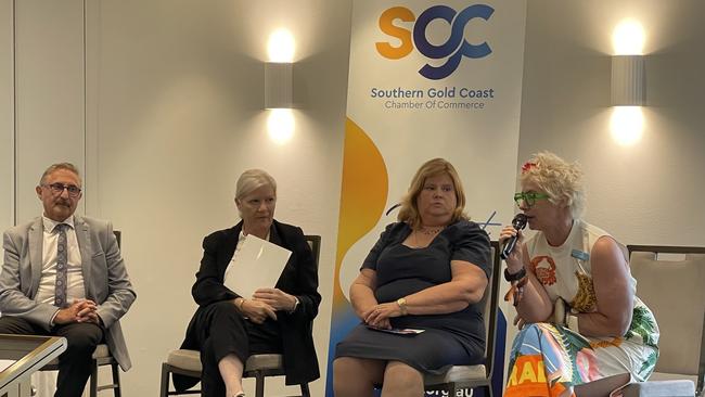 Gold Coast mayoral candidates Eddy Sarroff, Lavina Rampano, Virginia Freebody and Danielle Dunsmore speaking at the Southern Gold Coast Chamber of Commerce candidate debate on February 21, 2024. Picture: Paul Weston