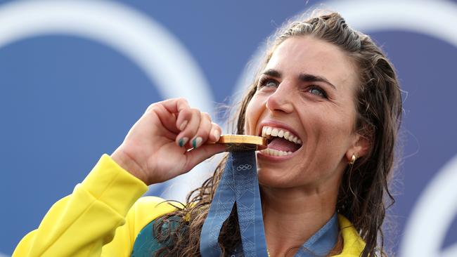 Jess Fox with the gold medal she has awaited so long for. Picture: Justin Setterfield/Getty Images