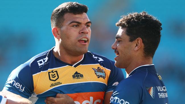 GOLD COAST, AUSTRALIA - APRIL 10: David Fifita of the Titans celebrates a try during the round five NRL match between the Gold Coast Titans and the Newcastle Knights at Cbus Super Stadium, on April 10, 2021, in Gold Coast, Australia. (Photo by Chris Hyde/Getty Images)