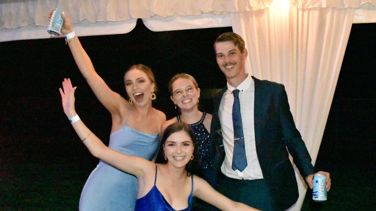 Jess Sparks, Aimee Hinsch, Emily Baxter and Tom Mewes of Mackay at the 2021 Proserpine Show Ball. Picture: Kirra Grimes.