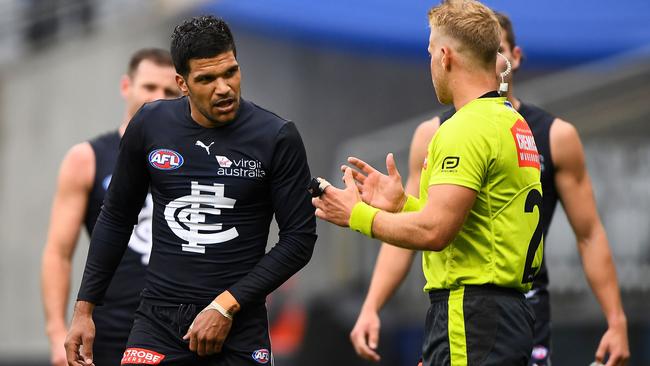 Carlton’s Sam Petrevski-Seton questions the umpire during the game against West Coast at Optus Stadium