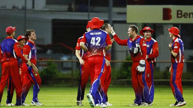 Mulgrave teammates celebrate the catch of Andrew Phelps by Jake Roach in the Cricket Far North (CFN) T20 A Grade grand final match between Cairns Rovers and Mulgrave, held at Griffiths Park, Manunda. Picture: Brendan Radke