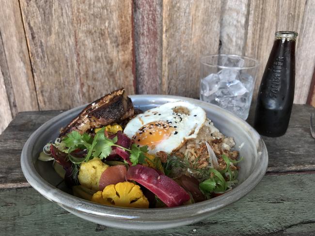 Brown rice with pork belly, yum. Picture: Jenifer Jagielski