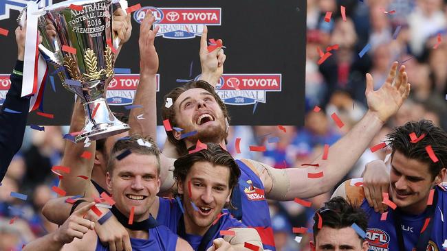 The Western Bulldogs celebrate on the podium. Picture: Wayne Ludbey