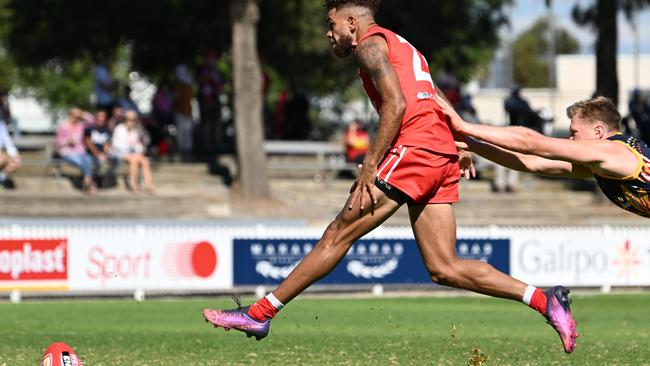 North Adelaide excitement machine Nigel Lockyer Jnr dribbles through a goal against Adelaide at Prospect Oval. Picture: Morgan Sette