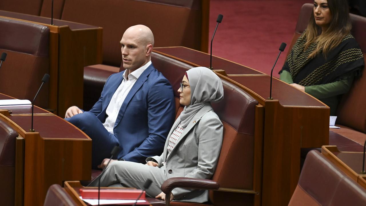 Senator Fatima Payman crossed the floor to support Senator Mehreen Faruqi’s motion to have the Senate recognise Palestine as a state. Picture: NewsWire / Martin Ollman