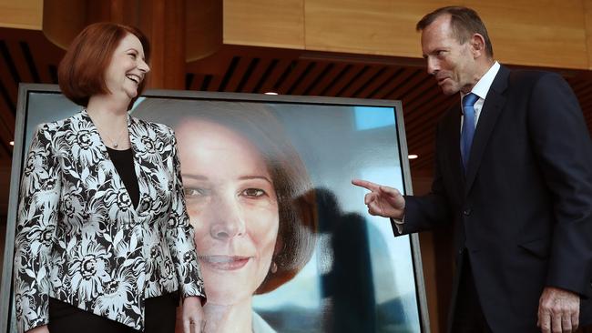 Julia Gillard and Tony Abbott at the former PM’s official portrait unveiling. Picture: Kym Smith