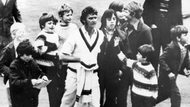 Bob Massie is mobbed after bagging 16 wickets in his first ever Test match, at Lord’s in 1972.