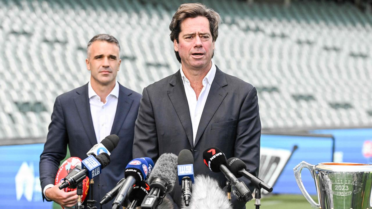 Gillon McLachlan with South Australian premiers Peter Malinauskas. Picture: Brenton Edwards