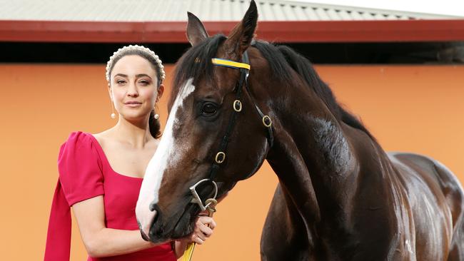 Model Abbey Gelmi with Trapeze Artist who will be out to win the Expressway Stakes for the second straight year. Picture: Tim Hunter