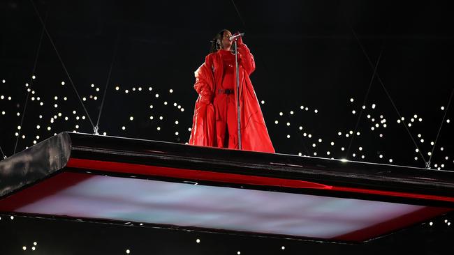 Rihanna performs while suspended on a platform at State Farm Stadium. Picture: Getty