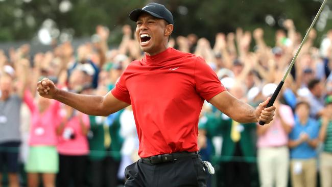 Tiger Woods celebrates on 18. Picture: Getty Images 