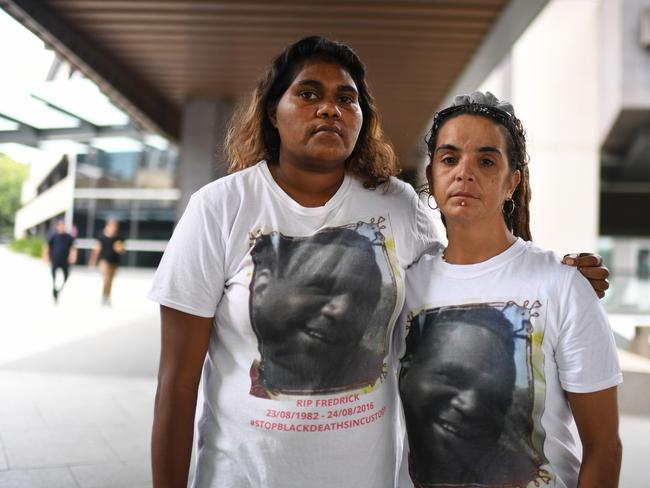 Frederick Row Row's sister Pam White-Row Row (right) and his daughter Sheanea Row Row stand for a photo outside the Coroner's Court in Brisbane. The coroner delivered his findings into the death of Indigenous man Frederick Row Row, who died in custody in August 2016, Picture: NCA NewsWire / Dan Peled