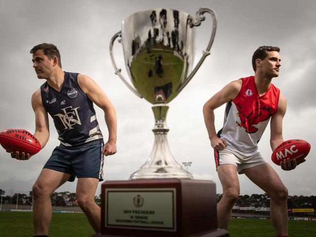 Southern Football League grand final preview. Noarlunga football club captain Tom Caudle with Flagstaff Hill football club captain David Kearsley at Flinders University Stadium where the will play off in the SFL grand final. Picture: Brad Fleet