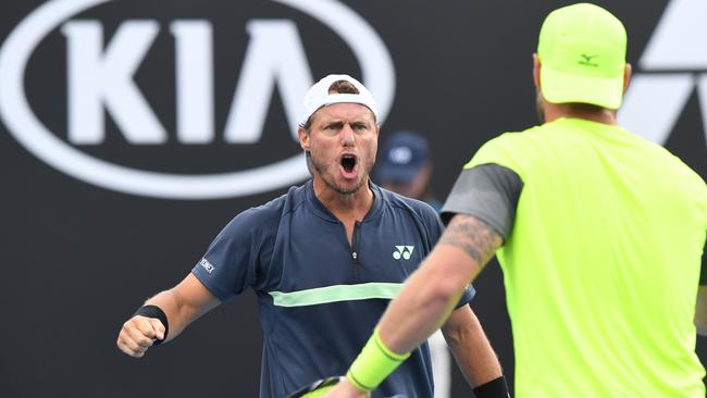 Lleyton Hewitt and Sam Groth are through to the quarterfinals. Photo: AAP Image/Joe Castro