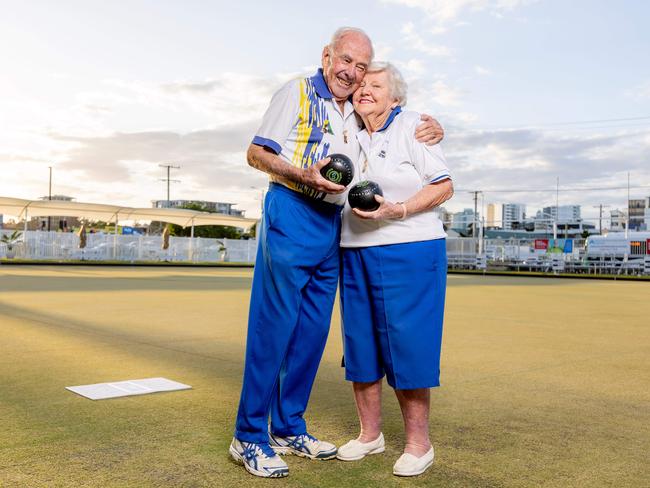 Laurie Cooper, 94, and wife Bette Cooper, 90, playing bowls at Club Tweed. Picture by Luke Marsden.