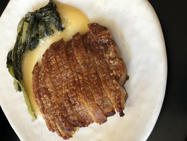 Pork cheek with mustard greens and sweet and sour apple sauce at Little Valley, Fortitude Valley