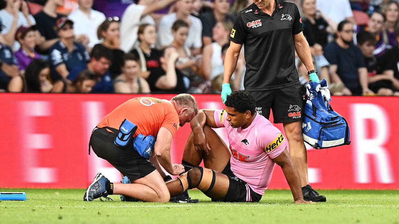 Tevita Pangai Jr misses the grand final due to a knee injury sustained against the Storm. Picture: Bradley Kanaris / Getty Images