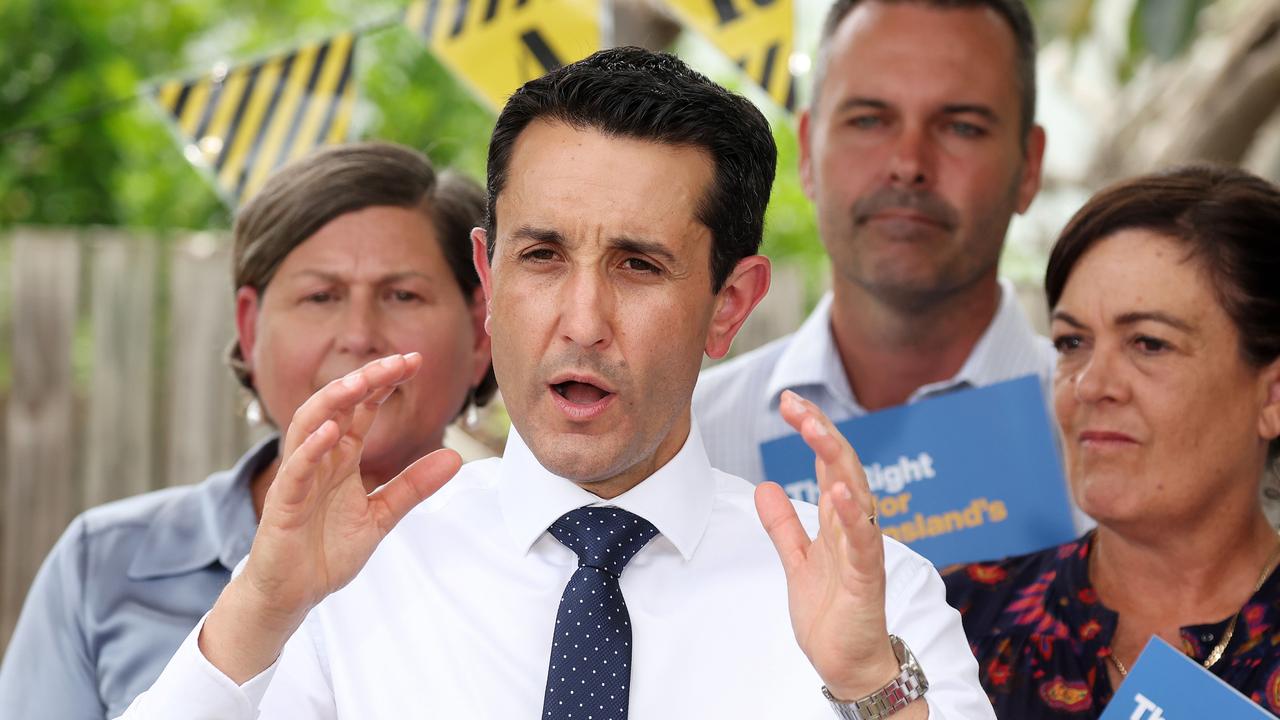 LNP leader David Crisafulli speaks of the benefits of free testing of hearing, speech and vision and how it could help health, education and even youth crime in the long-term. The three Townsville based LNP candidates Janelle Poole, Adam Baillie and Natalie Marr listen in. Picture: Liam Kidston