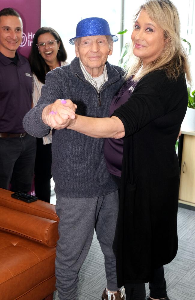 Vasile Bagu celebrating his 100th birthday at Home Instead Geelong. Vasile having a dance with his care manager Michelle Batson Picture: Mark Wilson