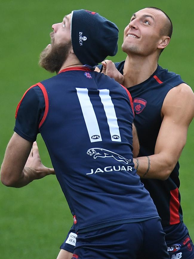 Braydon Preuss (right) joined the Dees last year to help support Gawn in the ruck. Pic: Getty Images