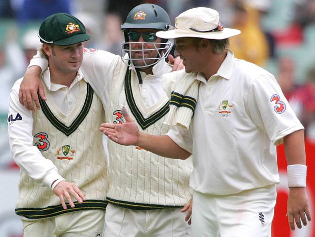 (L-R) Michael Clarke, Darren Lehmann and Shane Warne playing together for Australia in 2004.