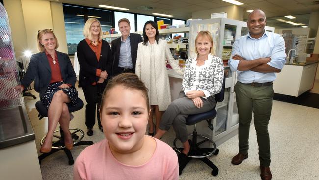 Murdoch Childrens Research Institute researchers Professor Melissa Little, Professor Jane Halliday, Associate Professor Matt Sabin, Professor Mimi Tang, Professor Katie Allen, Professor Ravi Saviriryan with Ava Nankervis, 5. Picture: Tony Gough