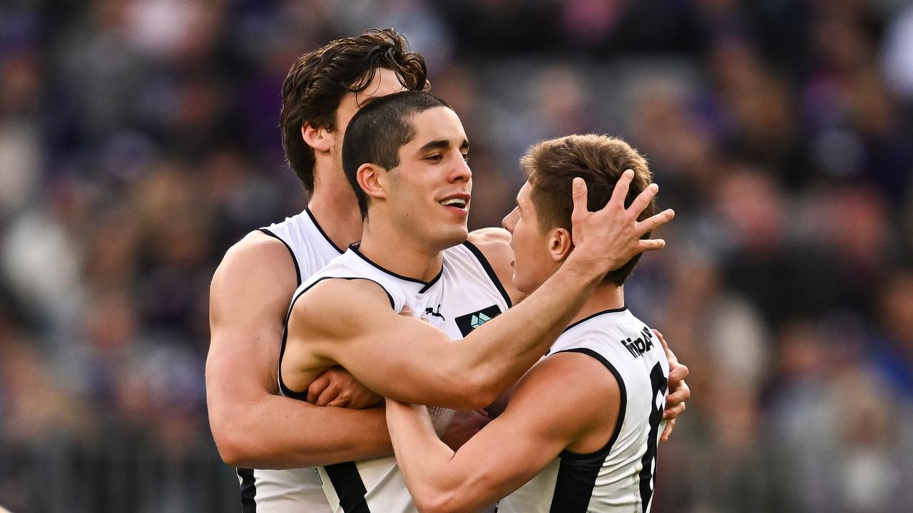 PERTH, AUSTRALIA - JULY 09: Adam Cerra of the Blues celebrates a goal during the 2023 AFL Round 17 match between the Fremantle Dockers and the Carlton Blues at Optus Stadium on July 9, 2023 in Perth, Australia. (Photo by Daniel Carson/AFL Photos via Getty Images)