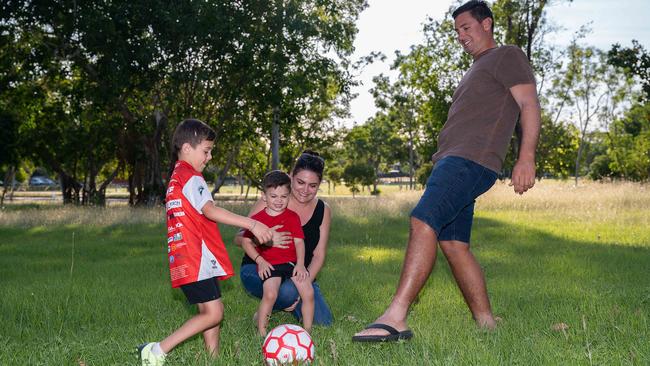 Affording her sons’, Michael (5) and Mario (3), love of sports will get easier under the NT budget mum Poppy Pastrikos said. Picture: Pema Tamang Pakhrin