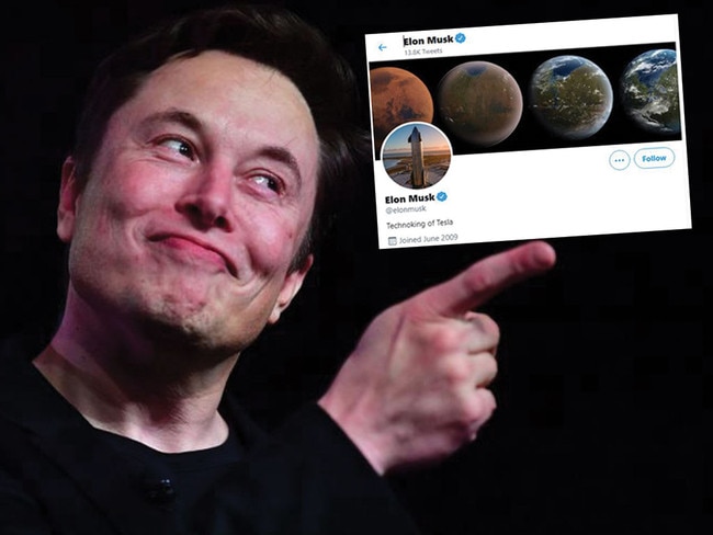 Elon Musk and his Twitter handle featuring his new 'technoking' tile. Pictures: AFP/Twitter