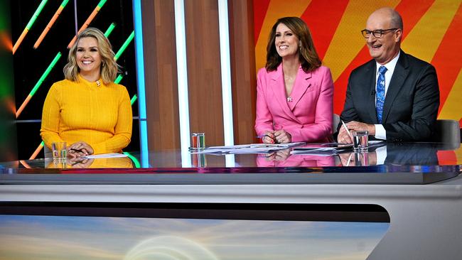 Sunrise star Edwina Bartholomew, far left (with Natalie Barr and David Koch) has opened up about her living arrangements – and why it works. Picture: Seven