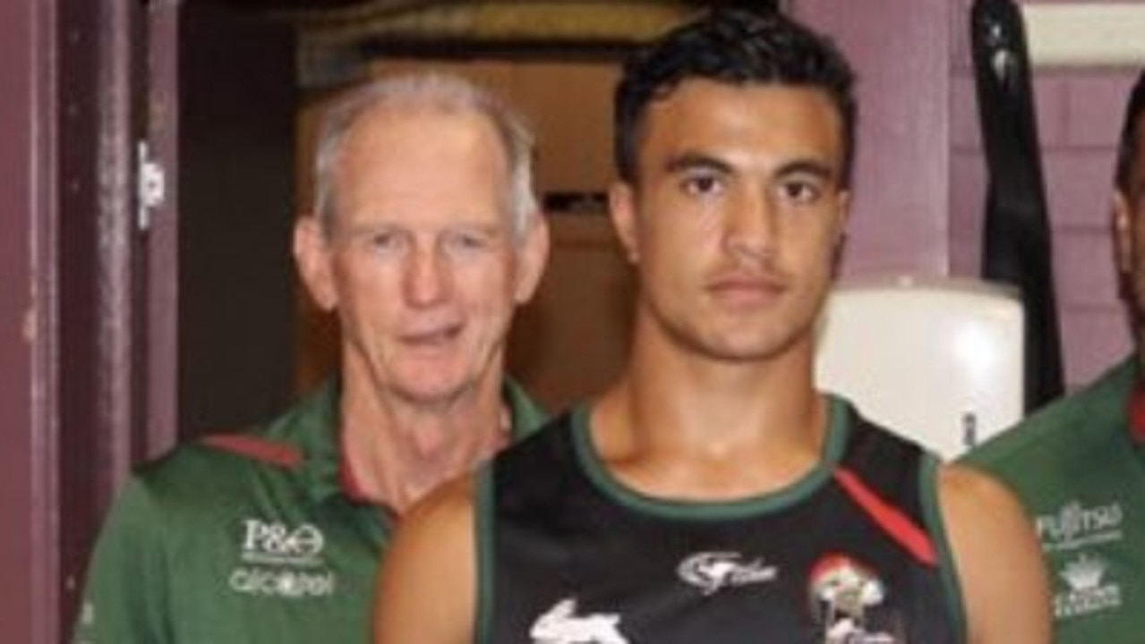 Joseph Suaalii with Wayne Bennett and John Sutton after signing with South Sydney.