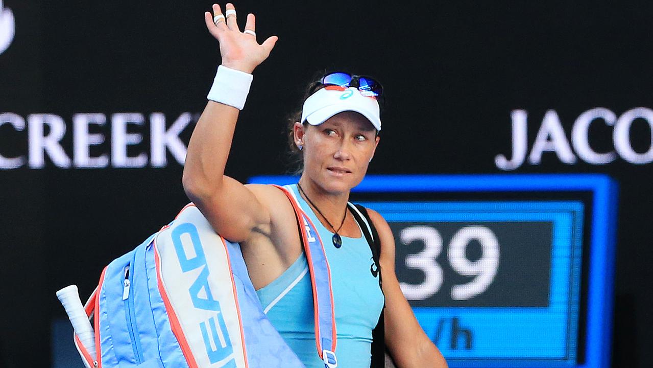 Sam Stosur waves to the crowd on Margaret Court Arena. Picture: Mark Stewart