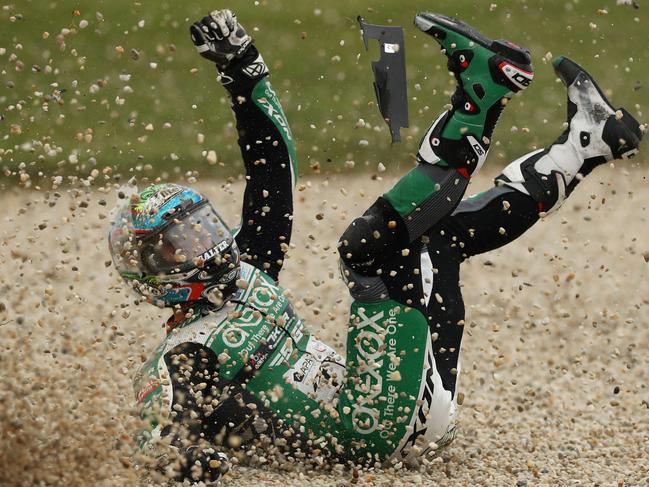 PHILLIP ISLAND, AUSTRALIA - OCTOBER 25: Remy Gardner of Australia and Onexox TKKR Sag Team crashes during free practice for the 2019 MotoGP of Australia at Phillip Island Grand Prix Circuit on October 25, 2019 in Phillip Island, Australia. (Photo by Robert Cianflone/Getty Images)