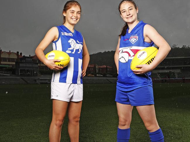 Captains from  under 13's girls STJFL teams who will be playing in the grand final this weekend Sandy Bay's Lucy Groom,13, and  Claremont's Sarah Midgley, 13. Picture: Zak Simmonds