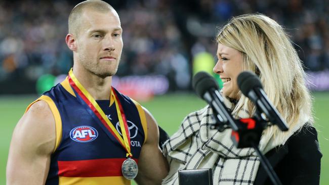 Scott Thompson is presented with the one-off Phil Walsh medal by Quinn Walsh after Showdown 39. Picture: Calum Robertson