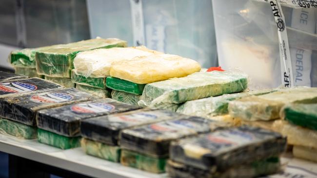 The packages of cocaine on display at the AFP’s Adelaide headquarters. Picture: Tom Huntley