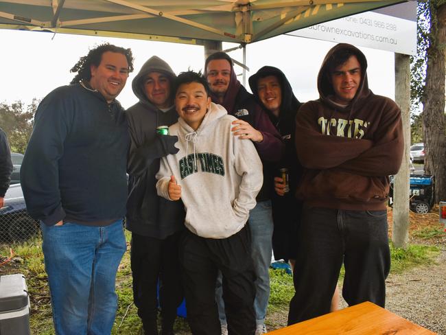 West Gippsland league grand final match 2024 — Phillip Island Bulldogs V Nar Nar Goon "The Goon" Football Club at Garfield Recreation Reserve on September 14, 2024: Max, Josh, Kai, Tim, Liam and Caleb. Picture: Jack Colantuono