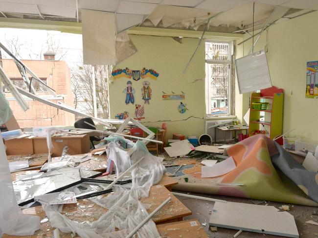 A kindergarten was destroyed following a shelling in Ukraine's second-biggest city of Kharkiv. Picture: AFP