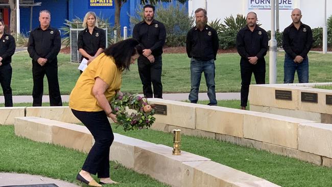 Isaac Regional Council Mayor Anne Baker leaves a wreath at the Moranbah Miners' Memorial in memory of Moranbah North miner Gavin Feltwell on March 26. Picture: Duncan Evans