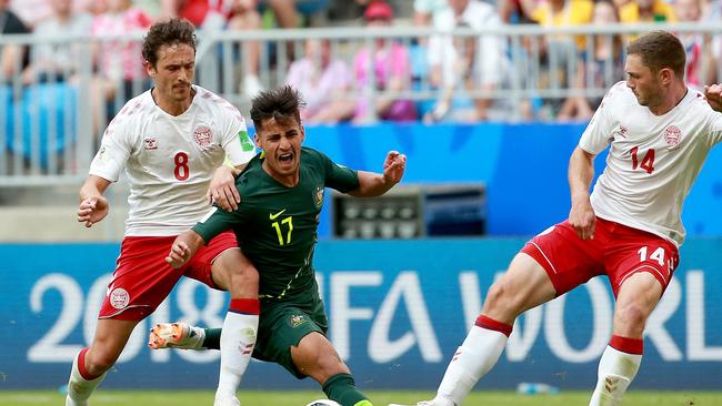 Daniel Arzani playing for the Socceroos against Denmark during the FIFA World Cup in June. Picture: Toby Zerna