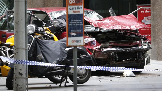 The smashed Holden Commodore which mowed pedestrians down. Picture: David Caird