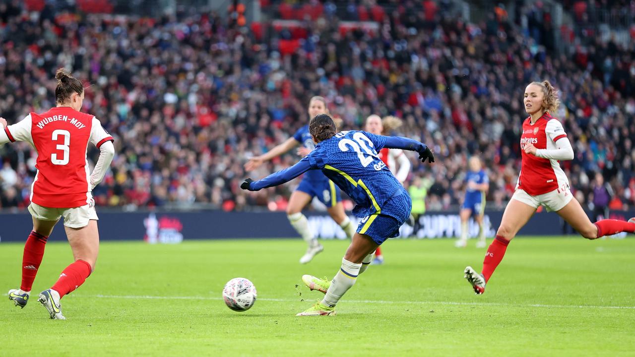 Sam Kerr scores Chelsea's second goal at Wembley Stadium. Picture: Getty Images