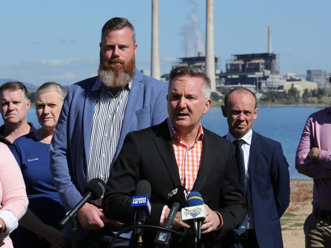 05/05/2023. Energy Minister Chris Bowen holds a press conference at Lake Liddell recreation area, with view to Liddell power station, south of Muswellbrook in NSW, announcing Australia's Net Zero Authority. Britta Campion / The Australian