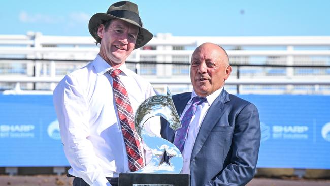 Tony Ottobre (right) with Ciaron Maher after Pride Of Jenni won the 2023 All-Star Mile. Picture: Racing Photos via Getty Images