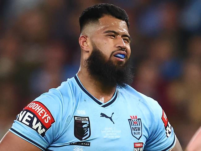 BRISBANE, AUSTRALIA - JUNE 21:  Payne Haas of the Blues reacts during game two of the State of Origin series between the Queensland Maroons and the New South Wales Blues at Suncorp Stadium on June 21, 2023 in Brisbane, Australia. (Photo by Chris Hyde/Getty Images)