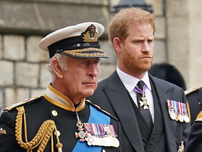 King Charles III and Prince Harry, Duke of Sussex at the Committal Service held at St George's Chapel in Windsor Castle. Picture: Getty Images